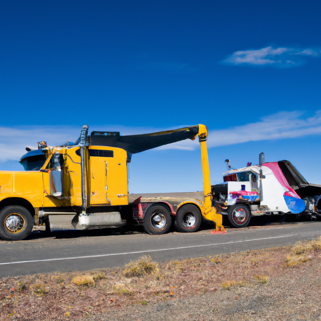 A tow truck assisting a broken-down big rig.