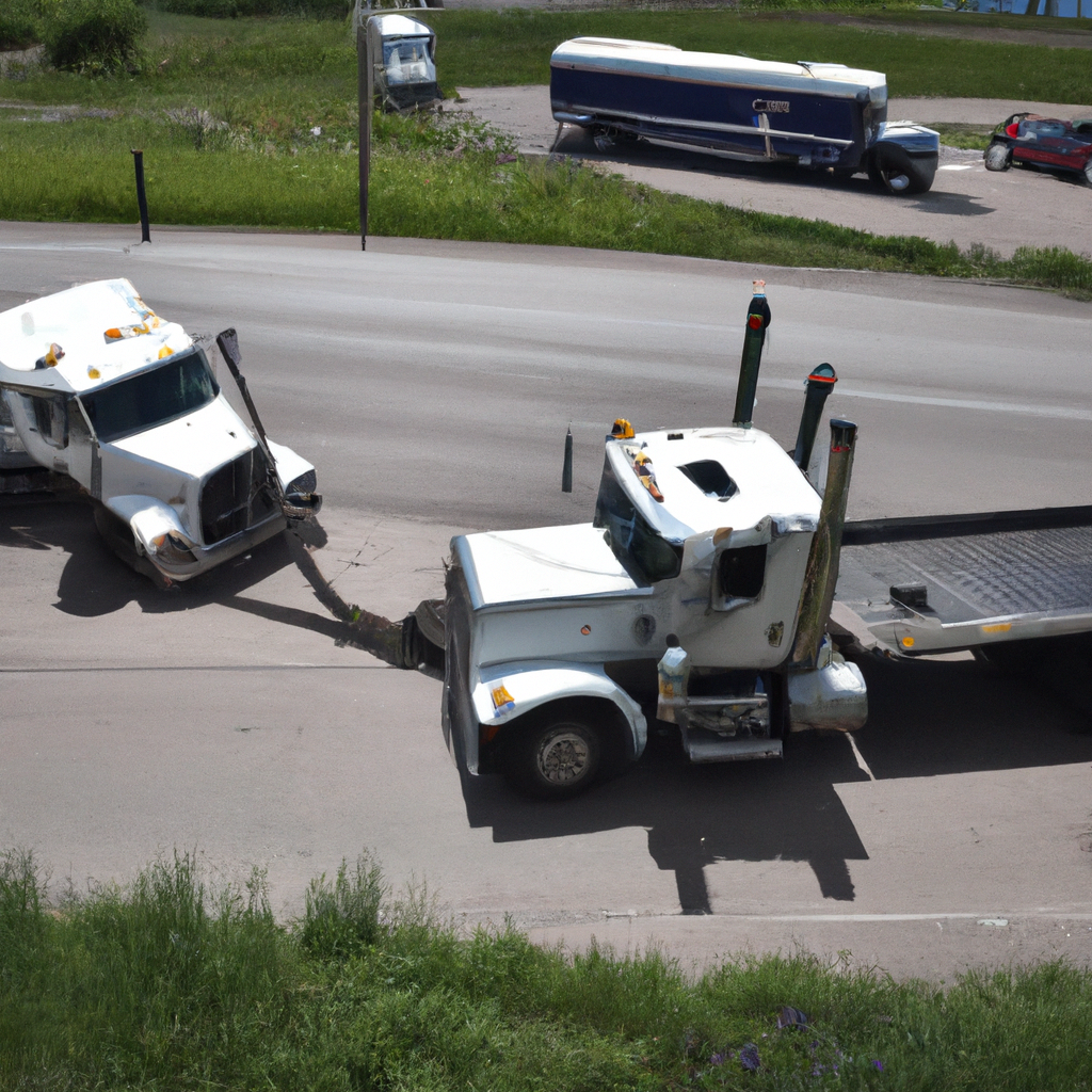 A tow truck assisting a broken semi.