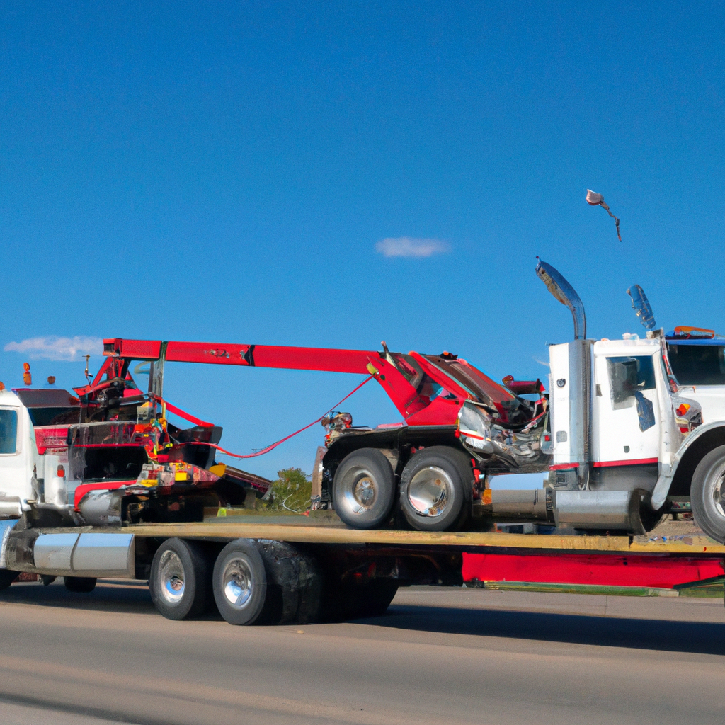 Big rig towing truck on roadside.
