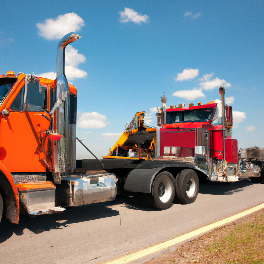 Heavy-duty tow truck assisting broken-down big rig.