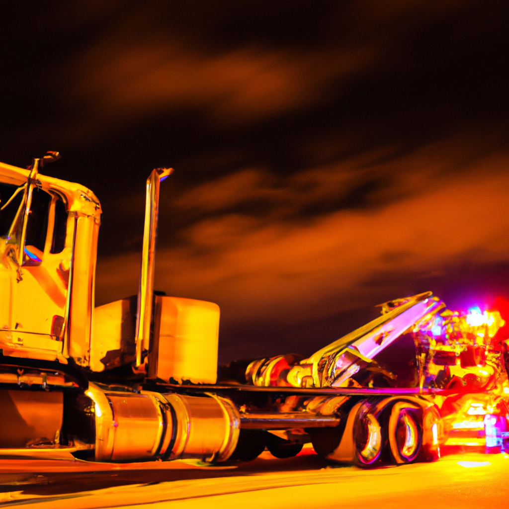 Heavy truck being towed at night.