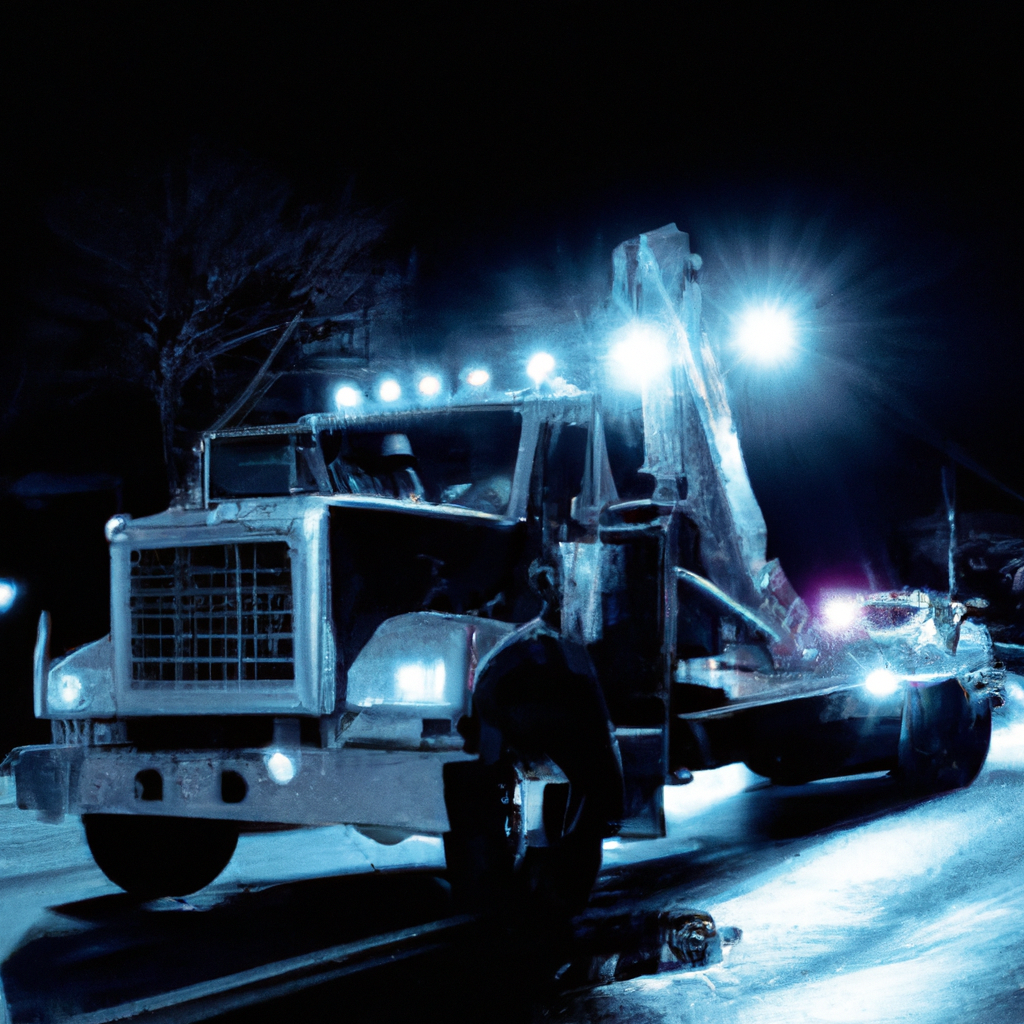 Nighttime scene of a tow truck.