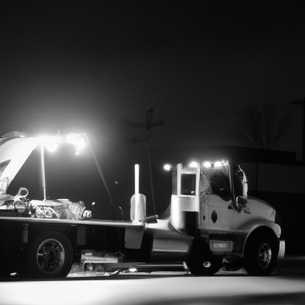 Nighttime scene of a tow truck.