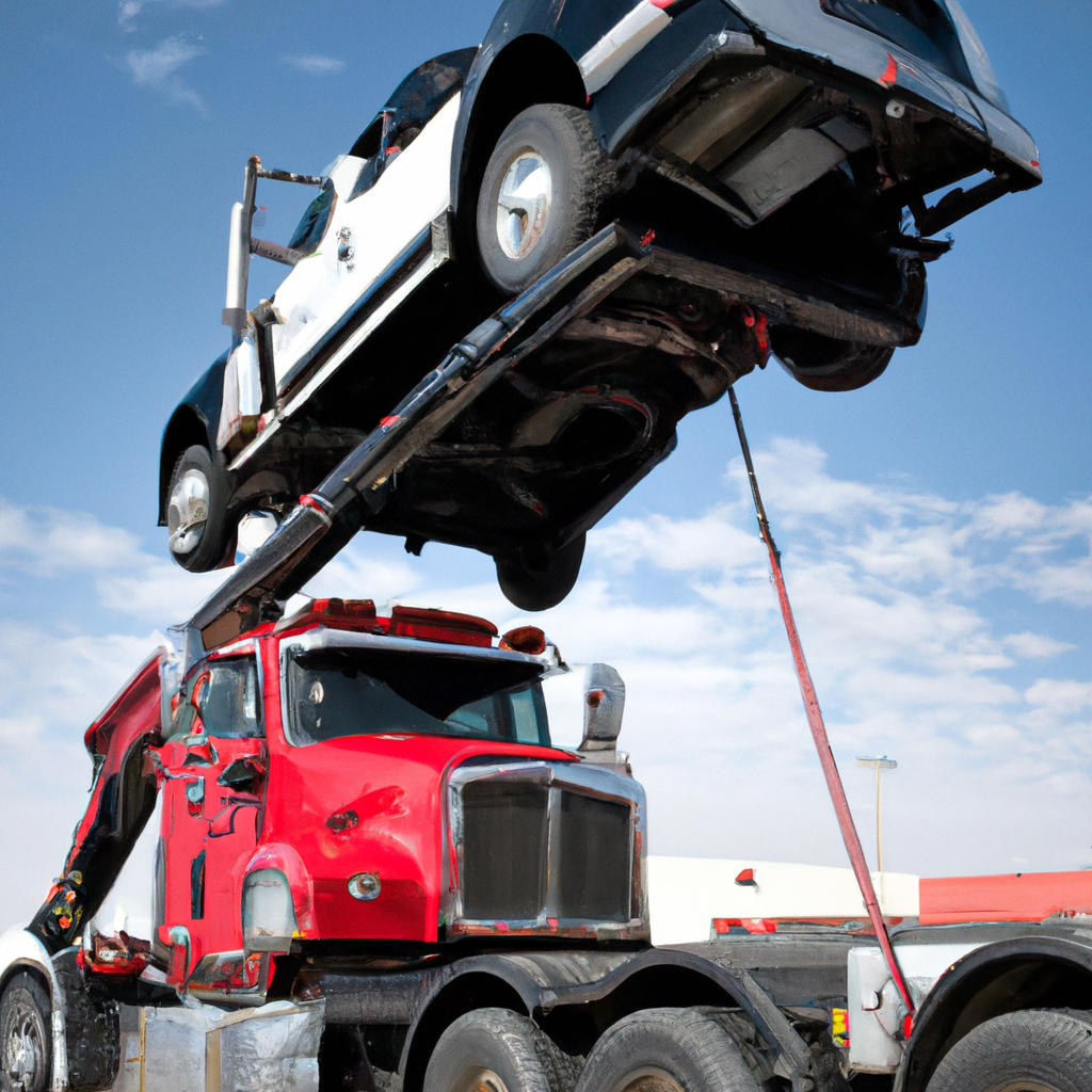 Powerful tow truck lifting a big rig.