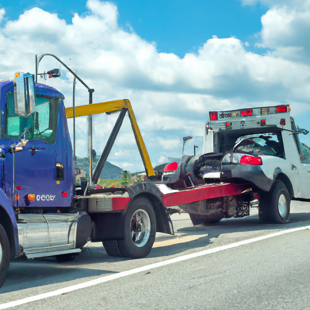 Tow truck assisting a broken semi-truck.
