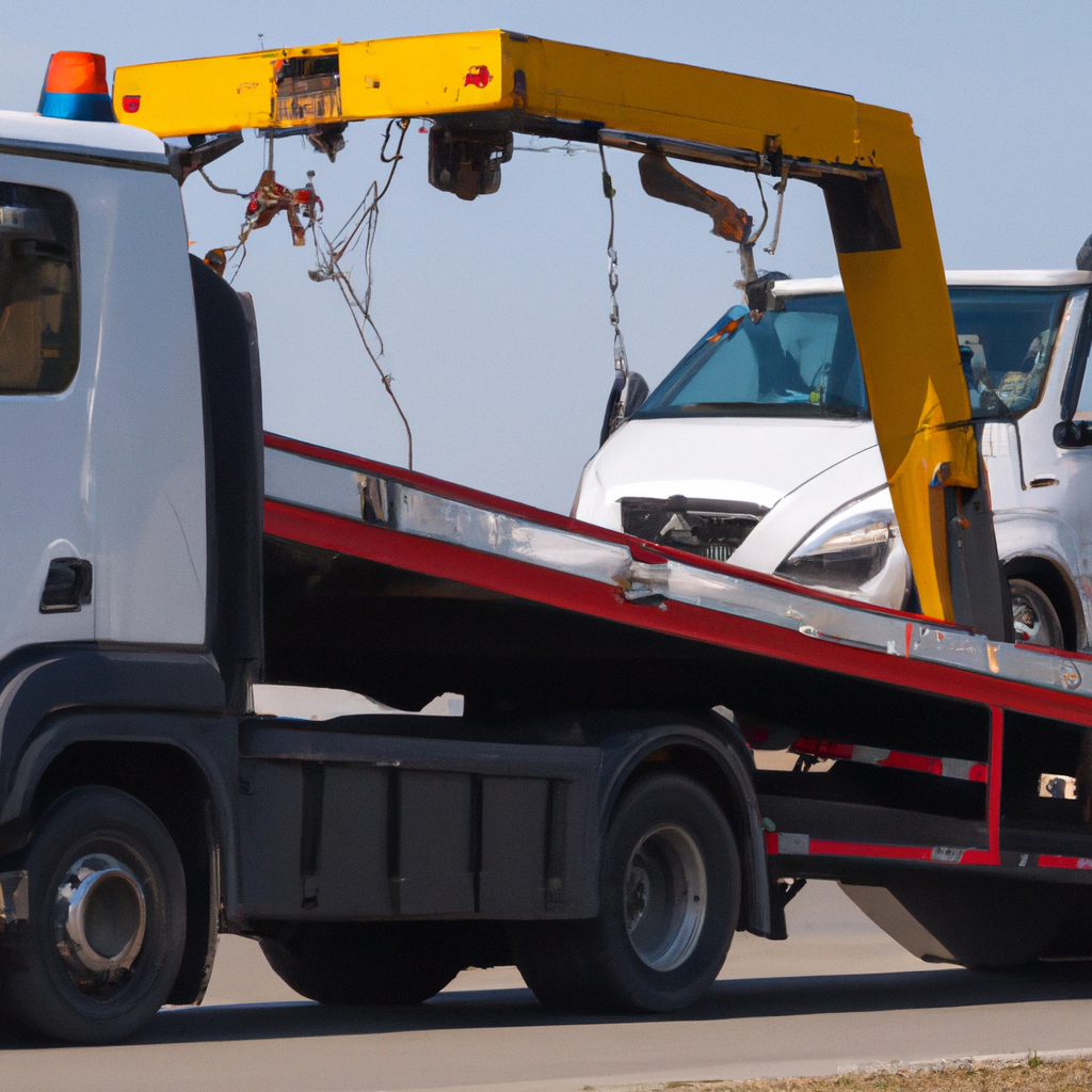 Tow truck assisting a heavy-duty vehicle.