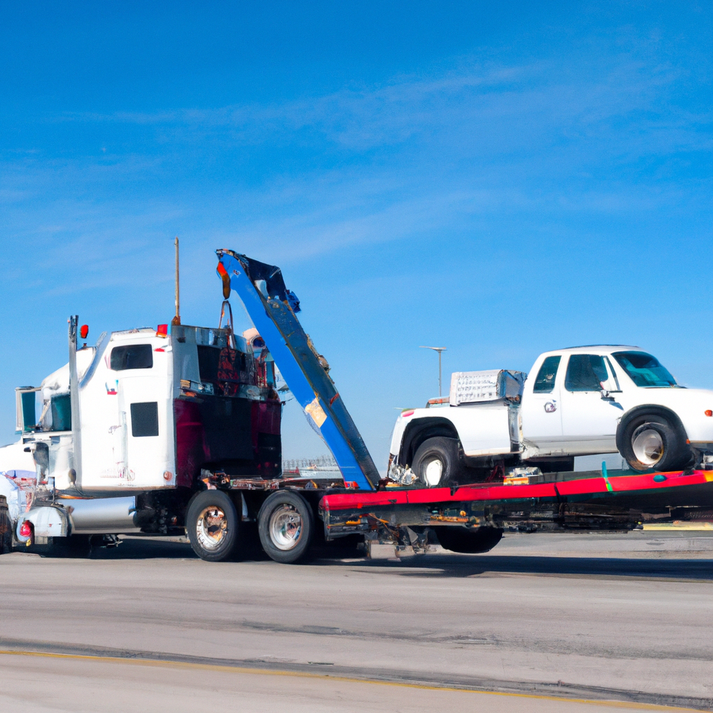 Tow truck assisting broken-down semi-truck.