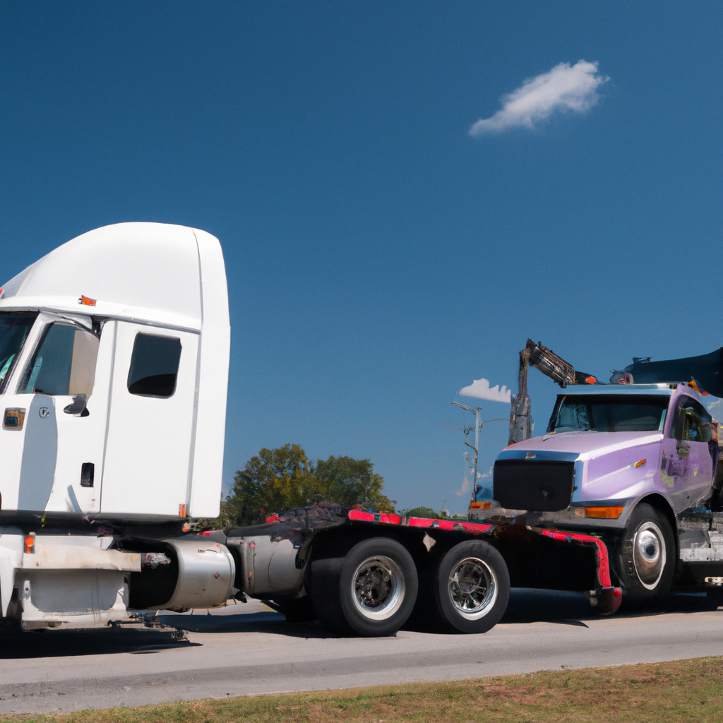Tow truck assisting broken-down semi-truck.