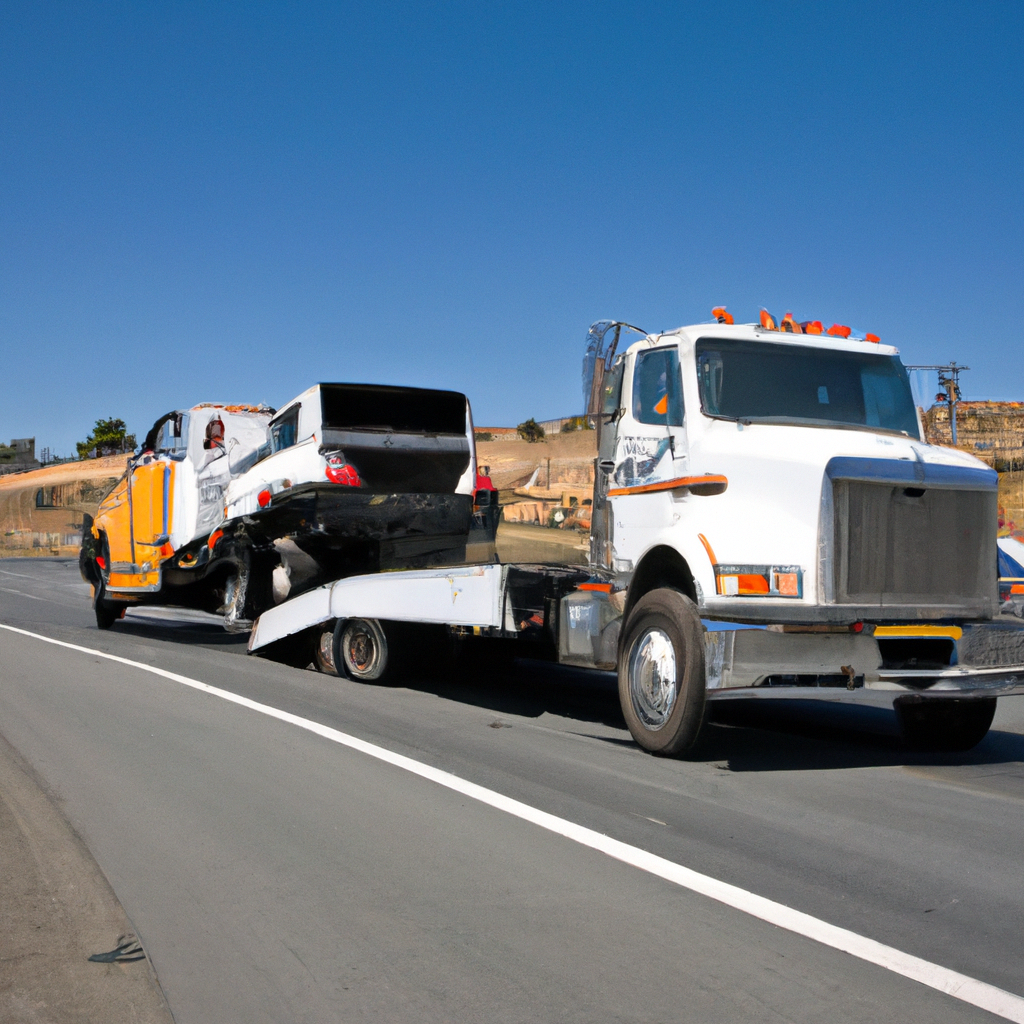 Tow truck assisting stranded big rig.