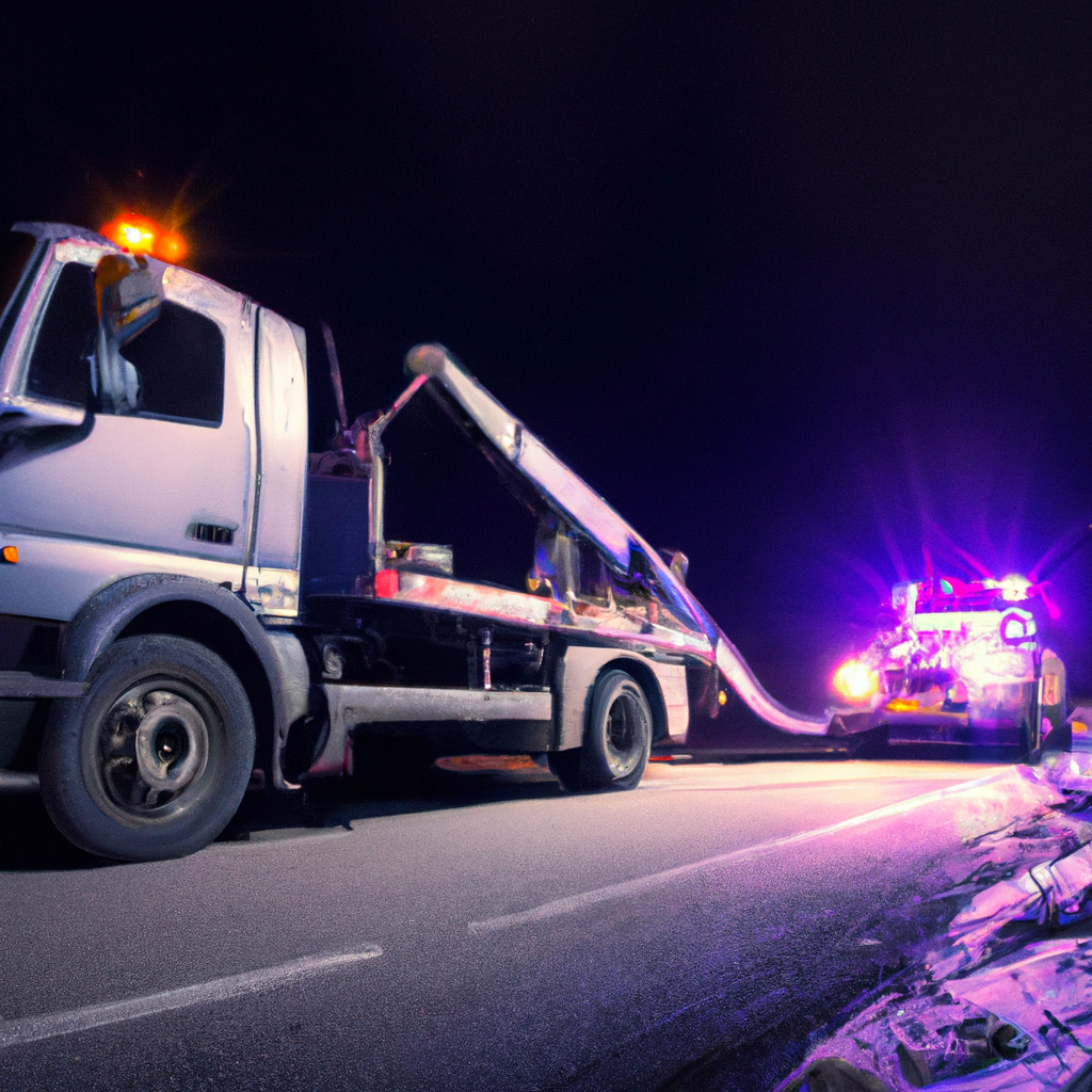 Tow truck assisting stranded car at night.