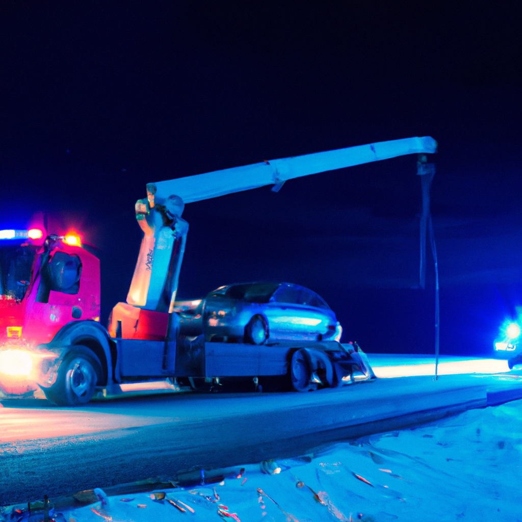 Tow truck assisting stranded vehicle at night.