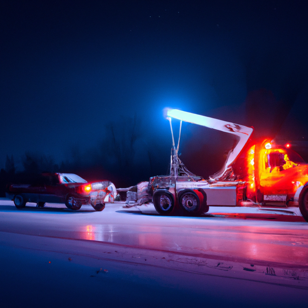 Tow truck assisting stranded vehicle at night.