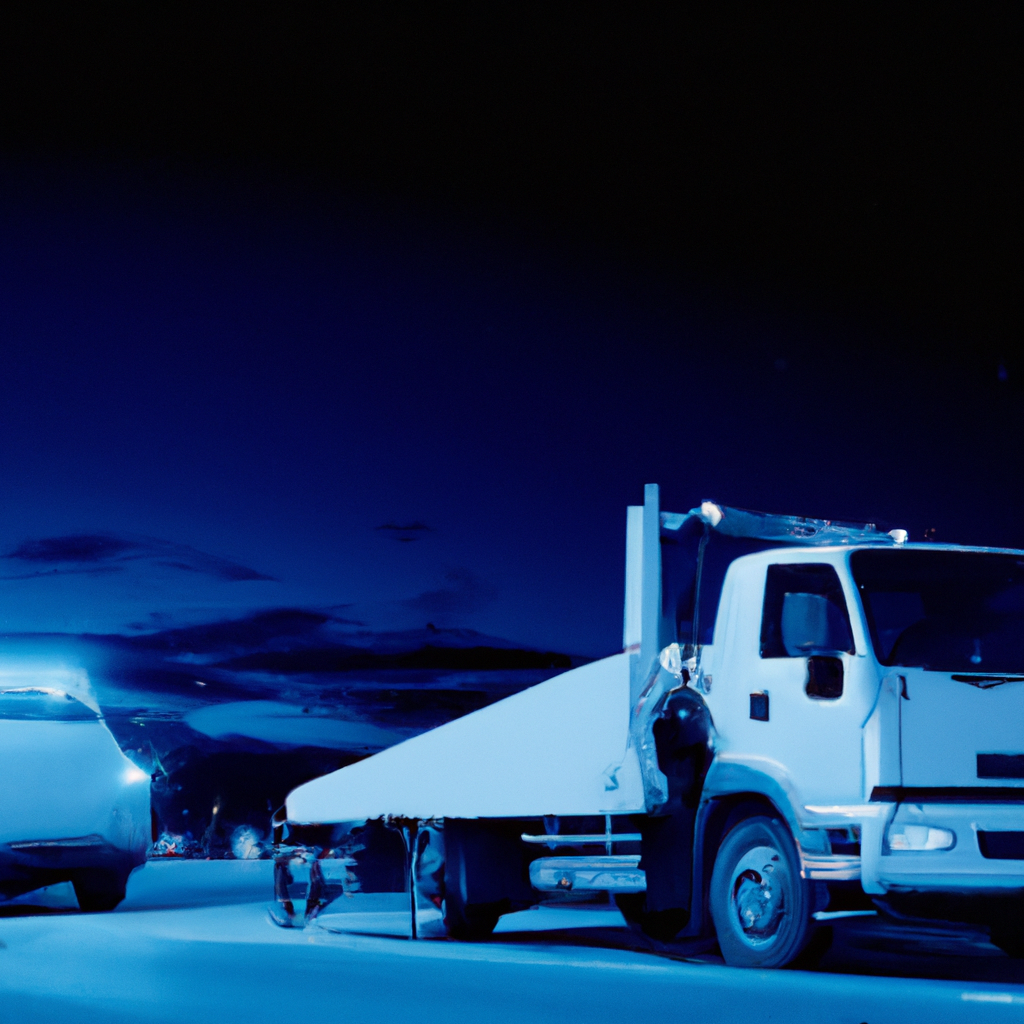 Tow truck assisting stranded vehicle at night.
