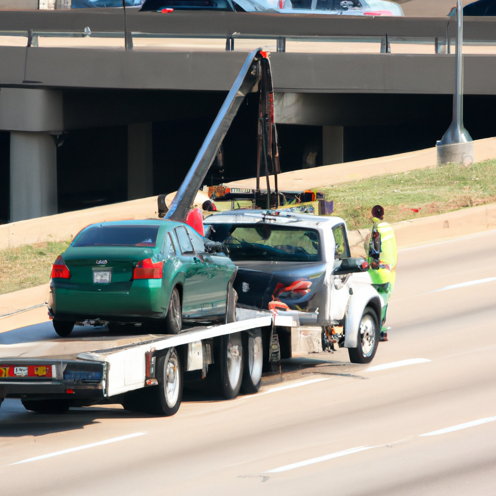 Tow truck assisting stranded vehicle in Dallas.
