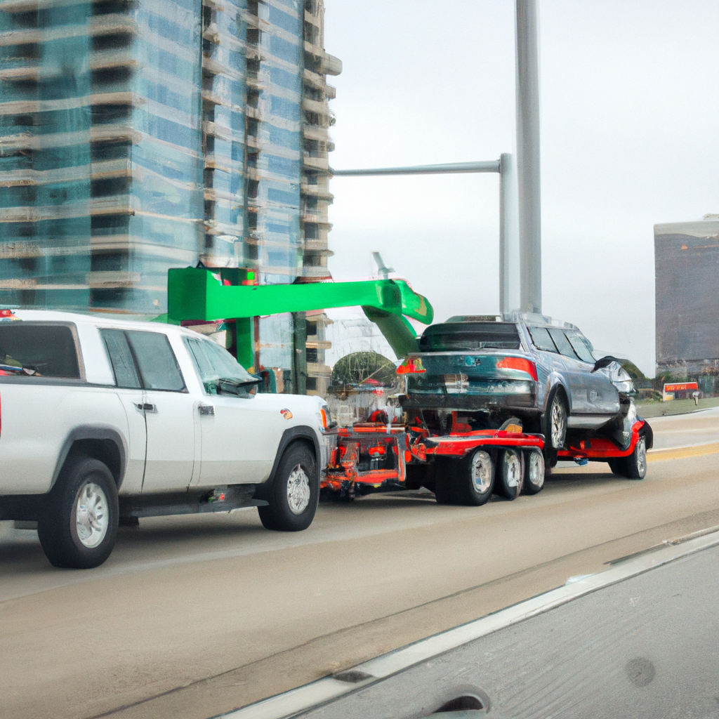 Tow truck assisting stranded vehicle in Dallas.