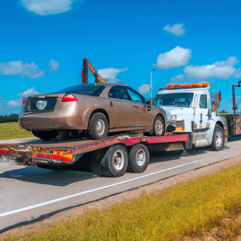 Tow truck assisting stranded vehicle roadside.