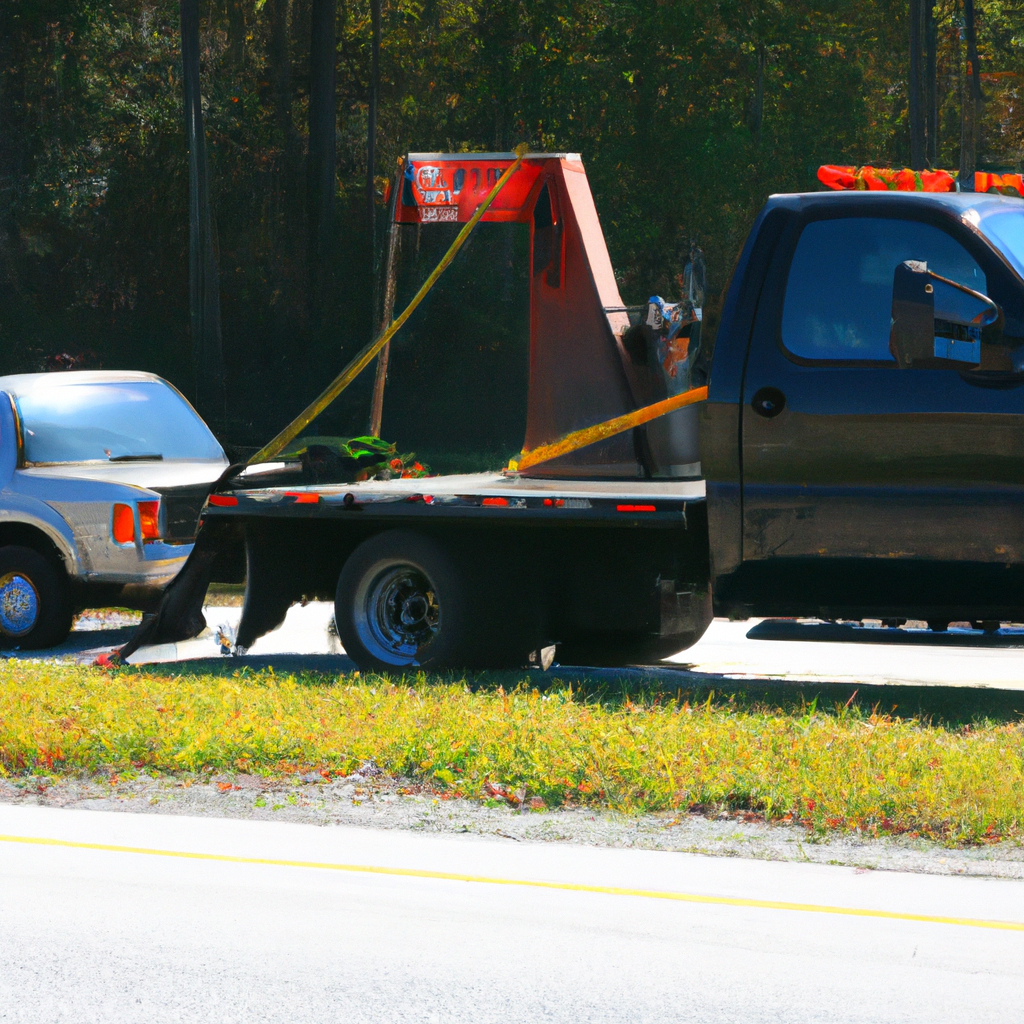 Tow truck assisting stranded vehicle roadside.