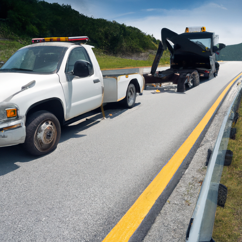 Tow truck assisting stranded vehicle roadside.