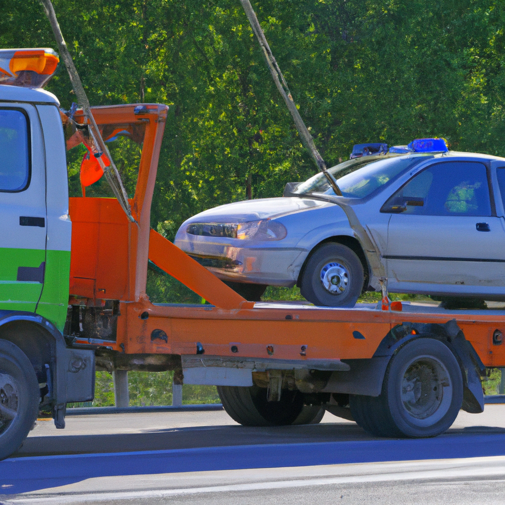 Tow truck assisting stranded vehicle roadside.
