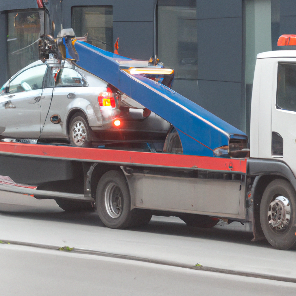 Tow truck assisting vehicle on city street.