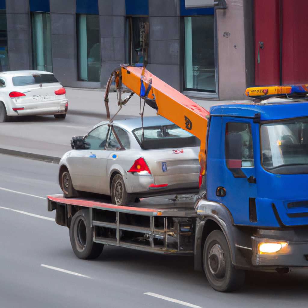 Tow truck in action on city street.