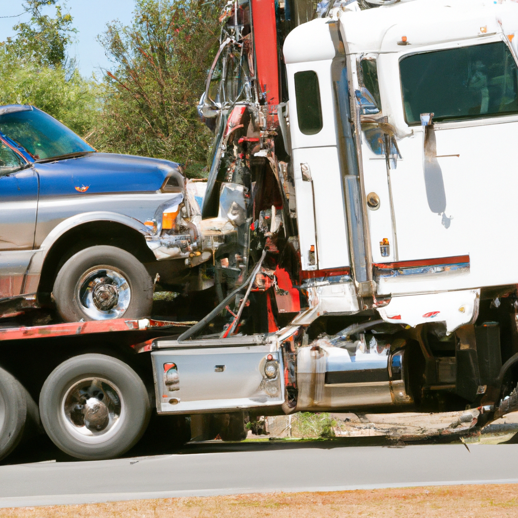 Tow truck lifting a broken big rig.