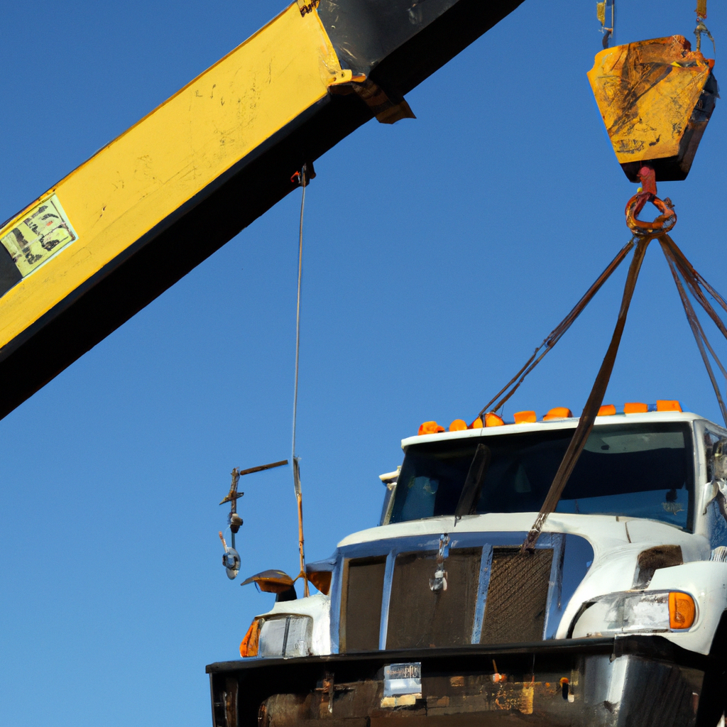 Tow truck lifting heavy machinery safely.